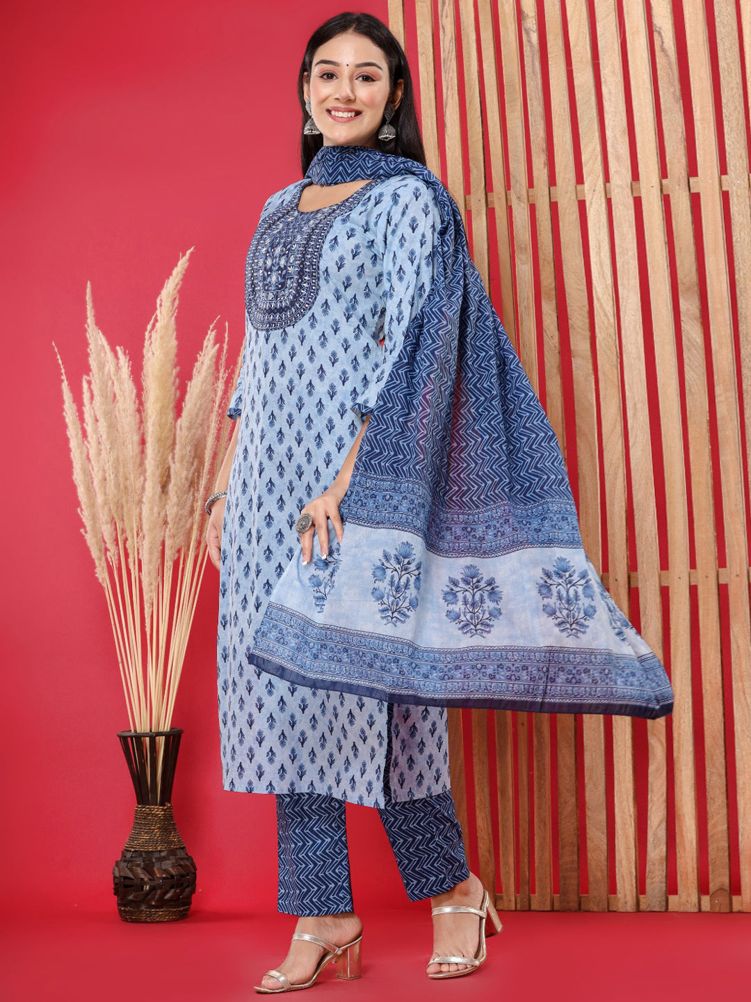 Straight Style Cotton Fabric Navy Blue Color Embroidered Floral Printed Kurti With Palazzo And Dupatta