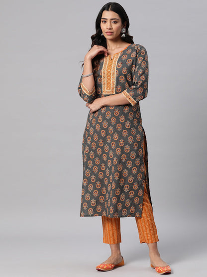 Straight Style Cotton Fabric Orange And Grey Color Floral Printed Kurti With Palazzo