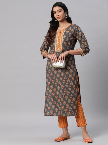Straight Style Cotton Fabric Orange And Grey Color Floral Printed Kurti With Palazzo