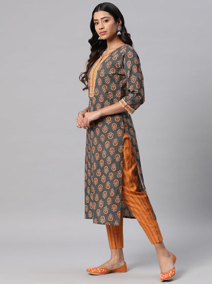 Straight Style Cotton Fabric Orange And Grey Color Floral Printed Kurti With Palazzo