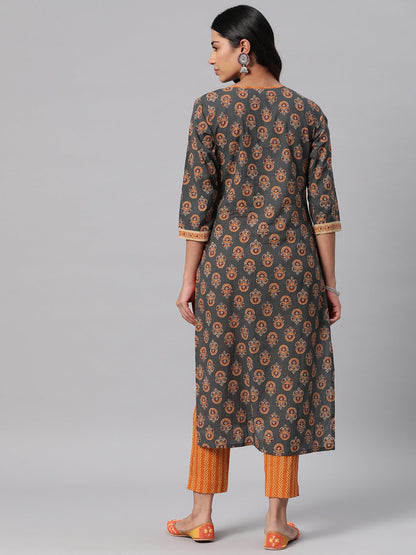 Straight Style Cotton Fabric Orange And Grey Color Floral Printed Kurti With Palazzo