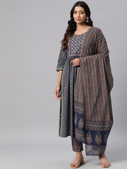 Cotton Floral A Line Kurta Pant & Dupatta