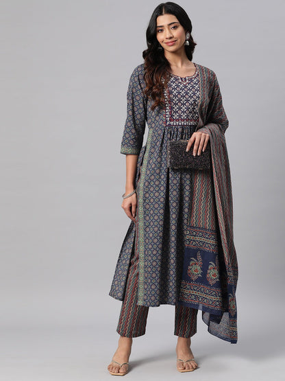 Cotton Floral A Line Kurta Pant & Dupatta