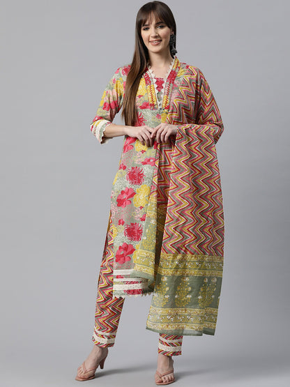 Floral Kurta Pant & Dupatta (Green)