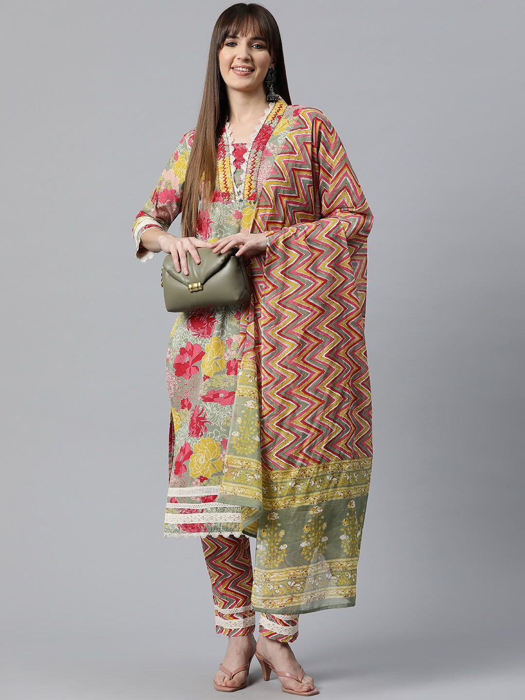 Floral Kurta Pant & Dupatta (Green)