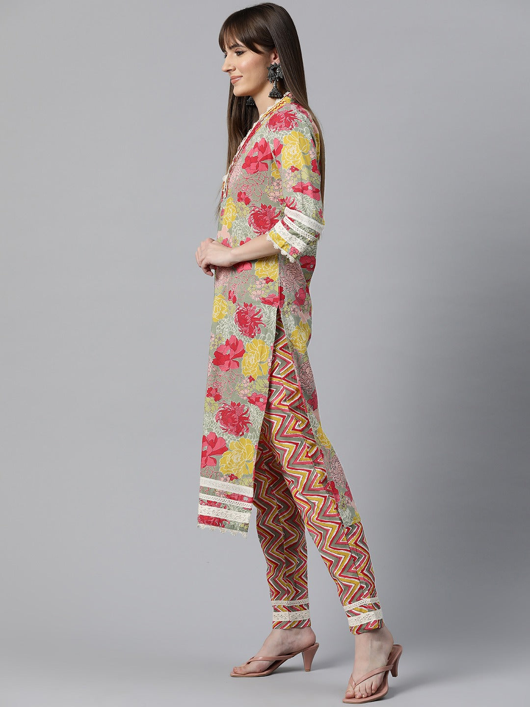 Floral Kurta Pant & Dupatta (Green)