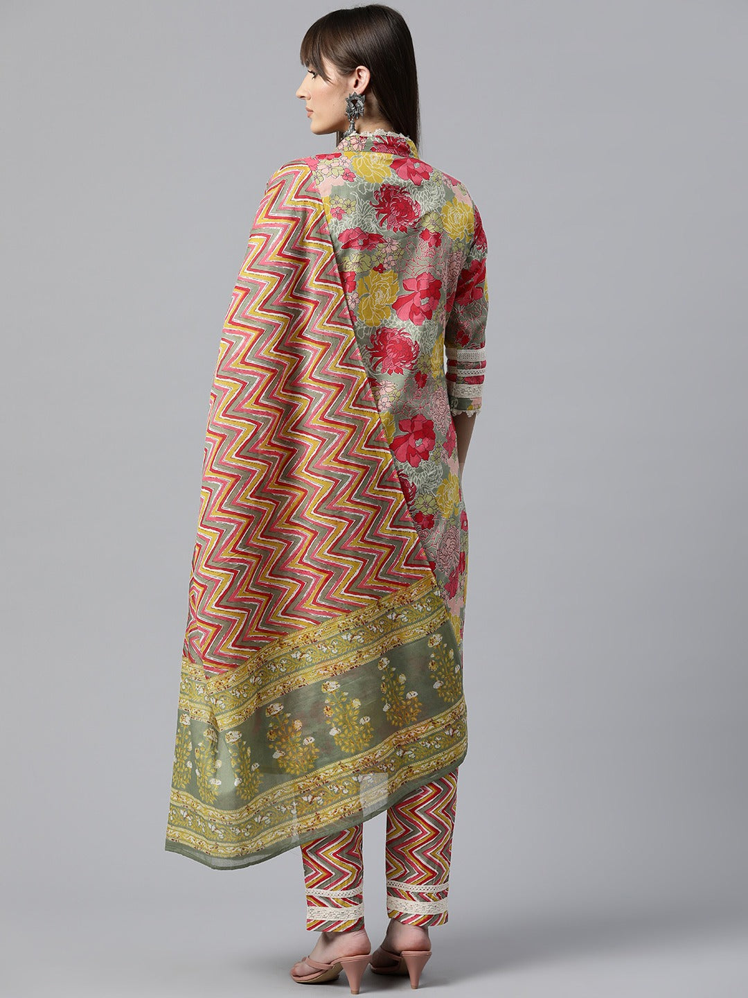 Floral Kurta Pant & Dupatta (Green)