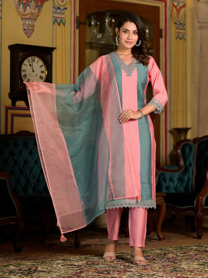 Straight Style Silk Fabric Teal And Mauve Color Colourblocked Kurti With Lace Work With Palazzo And Dupatta
