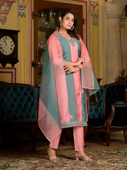 Straight Style Silk Fabric Teal And Mauve Color Colourblocked Kurti With Lace Work With Palazzo And Dupatta