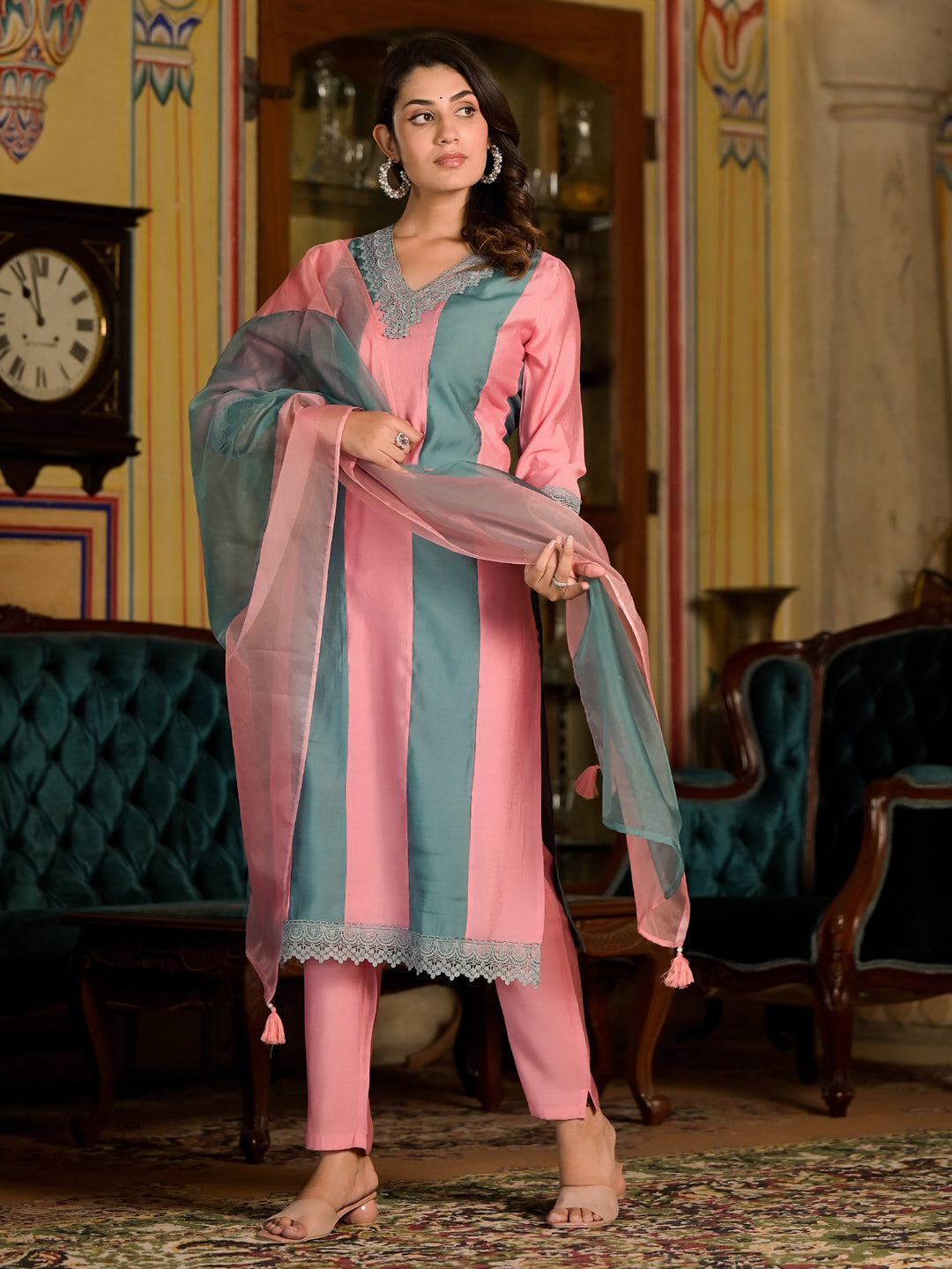 Straight Style Silk Fabric Teal And Mauve Color Colourblocked Kurti With Lace Work With Palazzo And Dupatta