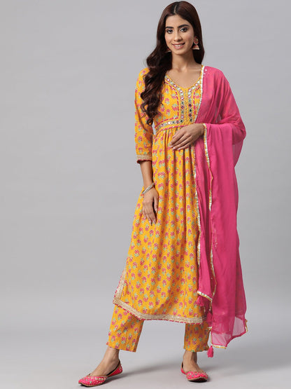 Cotton Floral Anarkali Kurta Pant & Dupatta
