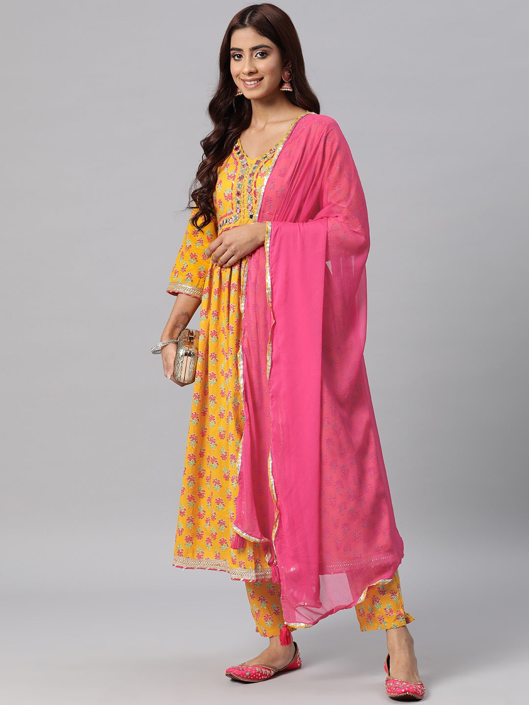 Cotton Floral Anarkali Kurta Pant & Dupatta