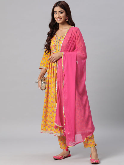 Cotton Floral Anarkali Kurta Pant & Dupatta