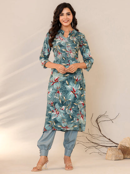 Straight Style Silk Fabric Blue Color Floral Printed Kurti And Bottom With Beads Work