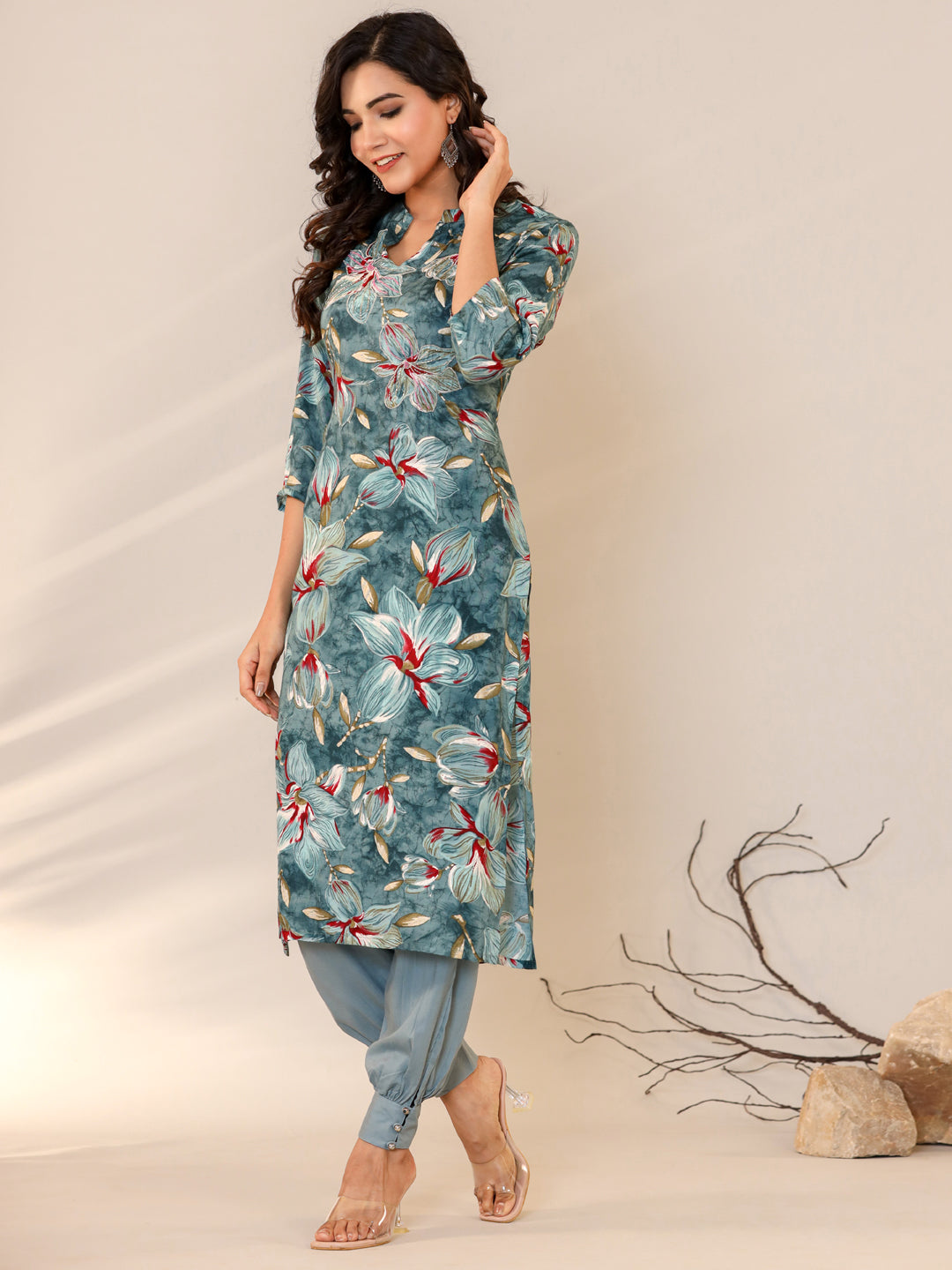 Straight Style Silk Fabric Blue Color Floral Printed Kurti And Bottom With Beads Work