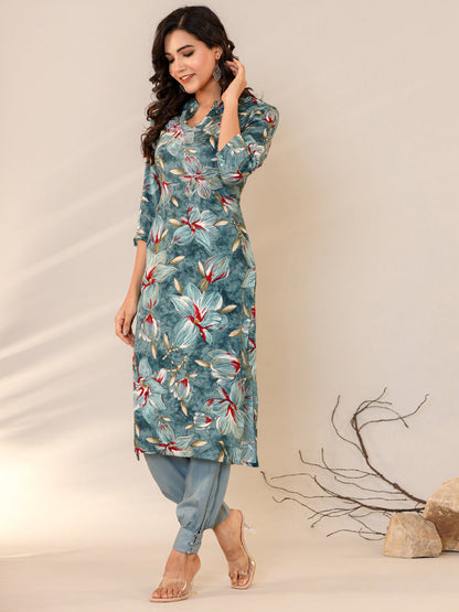 Straight Style Silk Fabric Blue Color Floral Printed Kurti And Bottom With Beads Work