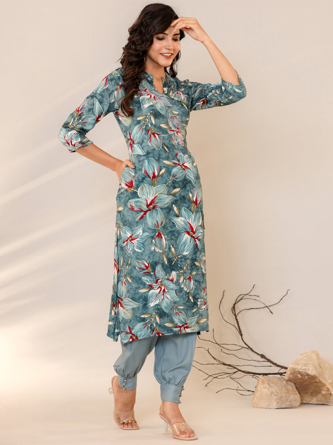 Straight Style Silk Fabric Blue Color Floral Printed Kurti And Bottom With Beads Work