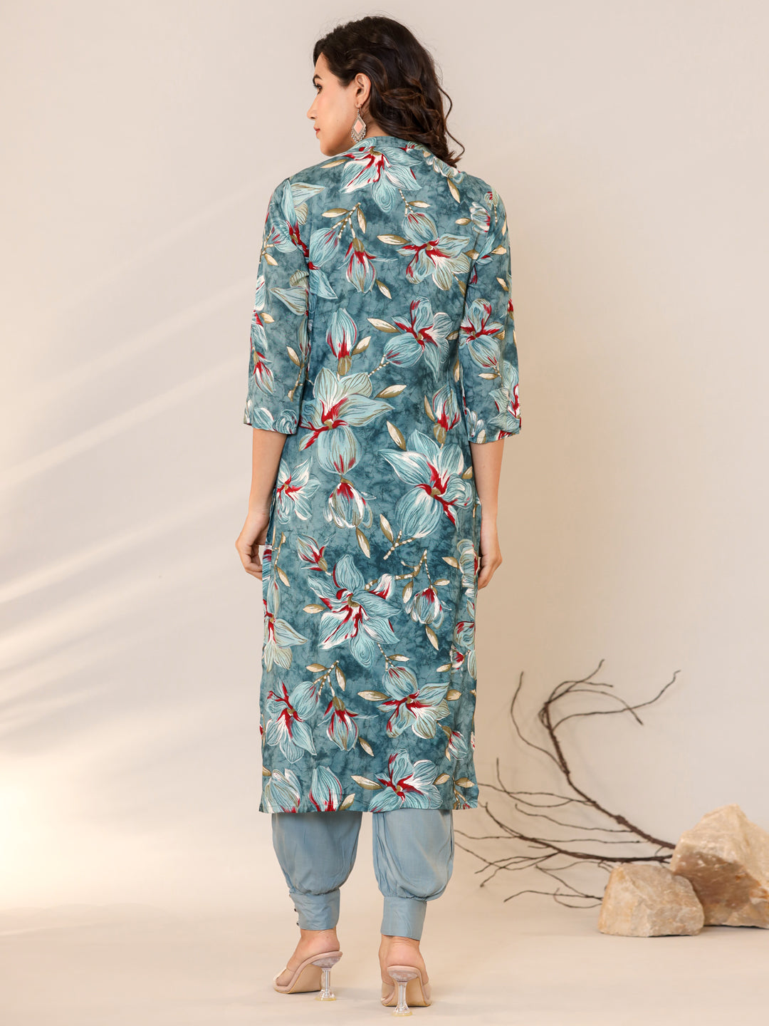 Straight Style Silk Fabric Blue Color Floral Printed Kurti And Bottom With Beads Work