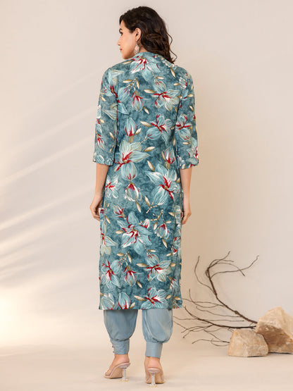 Straight Style Silk Fabric Blue Color Floral Printed Kurti And Bottom With Beads Work