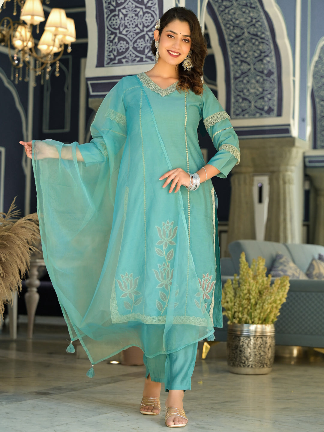 Straight Style Silk Fabric Teal Color Kurti With Palazzo And Dupatta With Lace And Patch Work