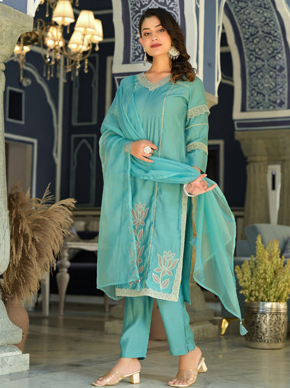 Straight Style Silk Fabric Teal Color Kurti With Palazzo And Dupatta With Lace And Patch Work