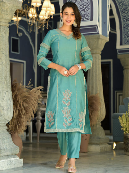 Straight Style Silk Fabric Teal Color Kurti With Palazzo And Dupatta With Lace And Patch Work