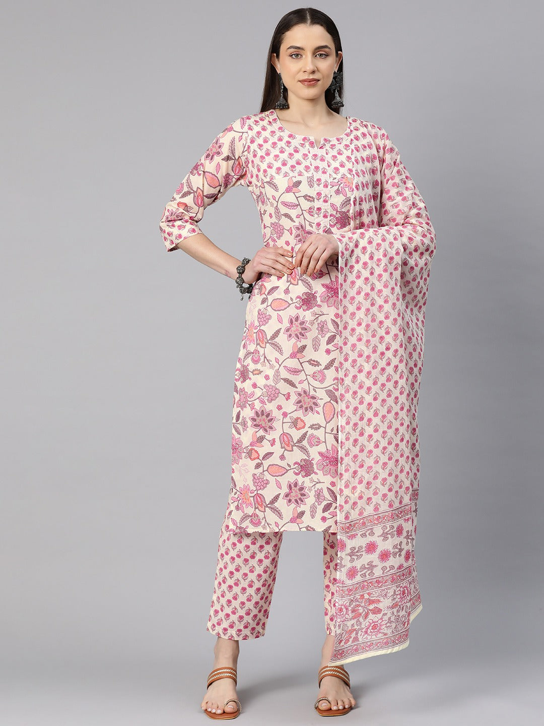 Straight Style Cotton Fabric Cream Color Floral Printed Kurti With Palazzo And Dupatta