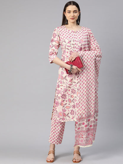 Straight Style Cotton Fabric Cream Color Floral Printed Kurti With Palazzo And Dupatta
