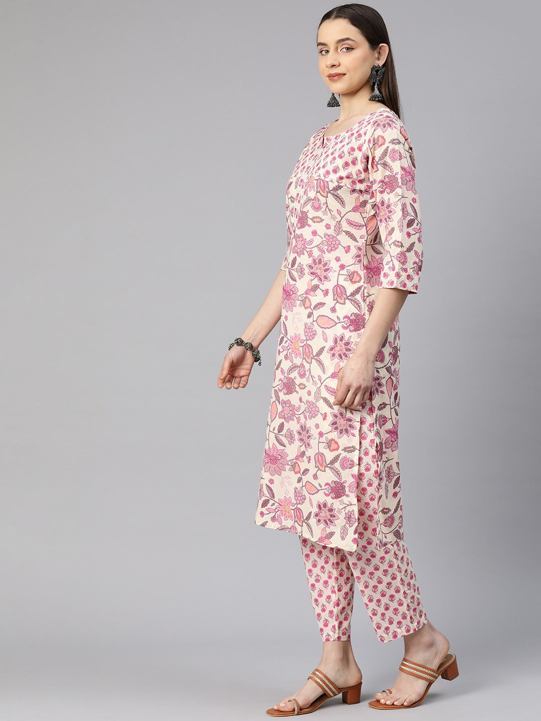 Straight Style Cotton Fabric Cream Color Floral Printed Kurti With Palazzo And Dupatta
