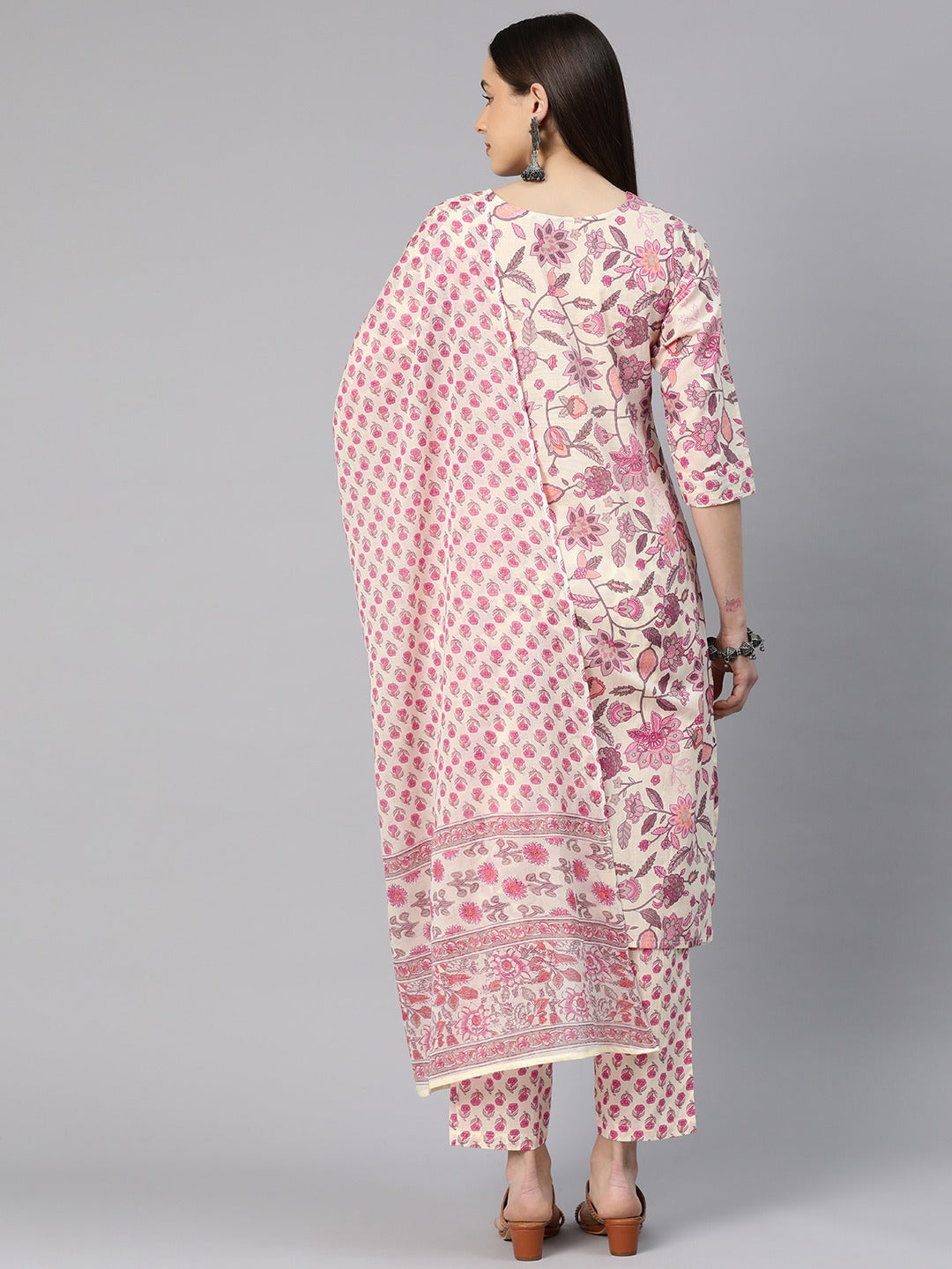 Straight Style Cotton Fabric Cream Color Floral Printed Kurti With Palazzo And Dupatta
