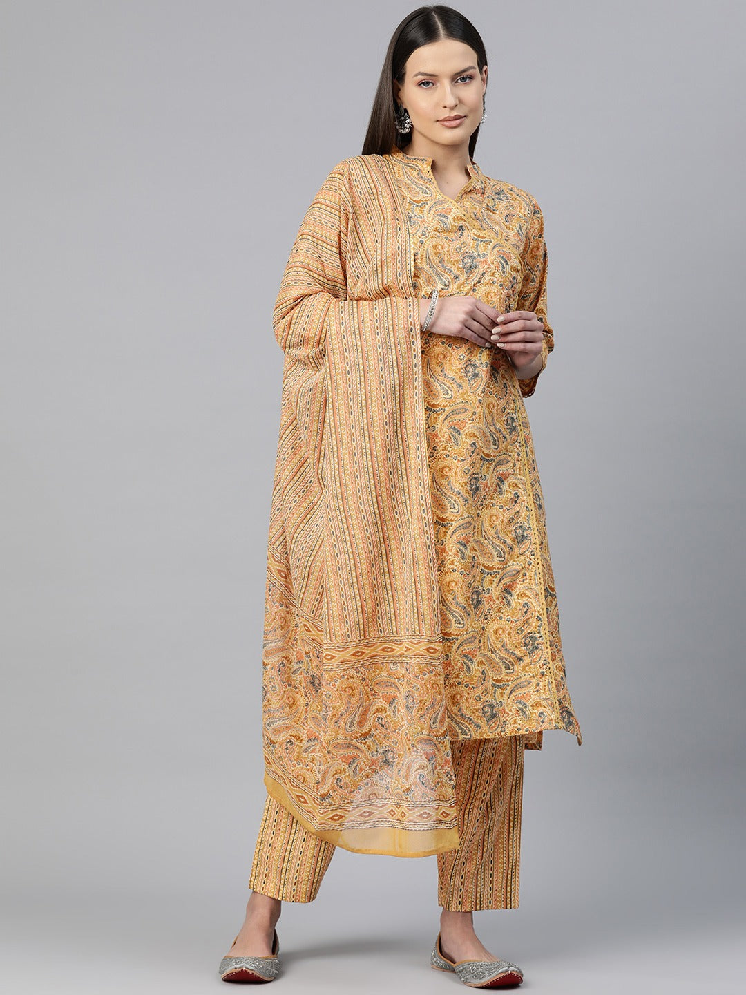 Straight Style Cotton Fabric Mustard Color Printed Kurti With Salwar And Dupatta