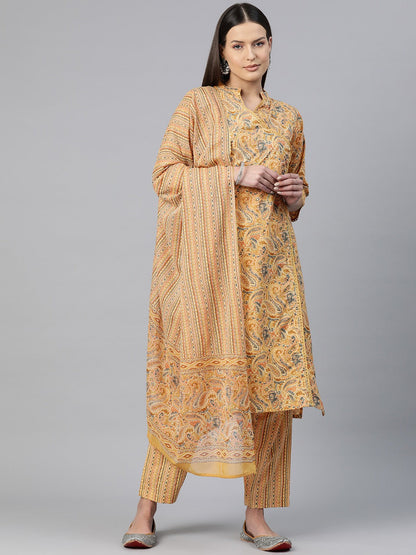Straight Style Cotton Fabric Mustard Color Printed Kurti With Salwar And Dupatta