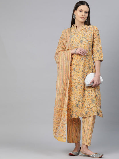 Straight Style Cotton Fabric Mustard Color Printed Kurti With Salwar And Dupatta