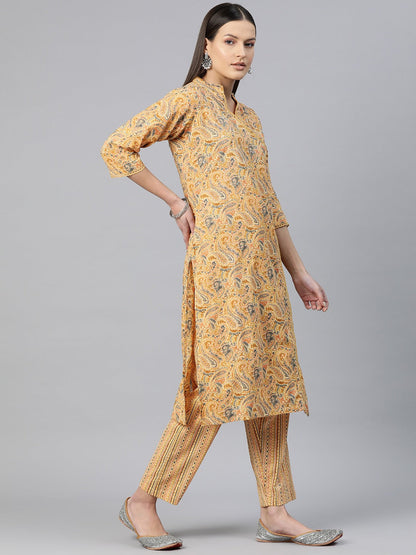 Straight Style Cotton Fabric Mustard Color Printed Kurti With Salwar And Dupatta