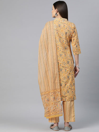 Straight Style Cotton Fabric Mustard Color Printed Kurti With Salwar And Dupatta