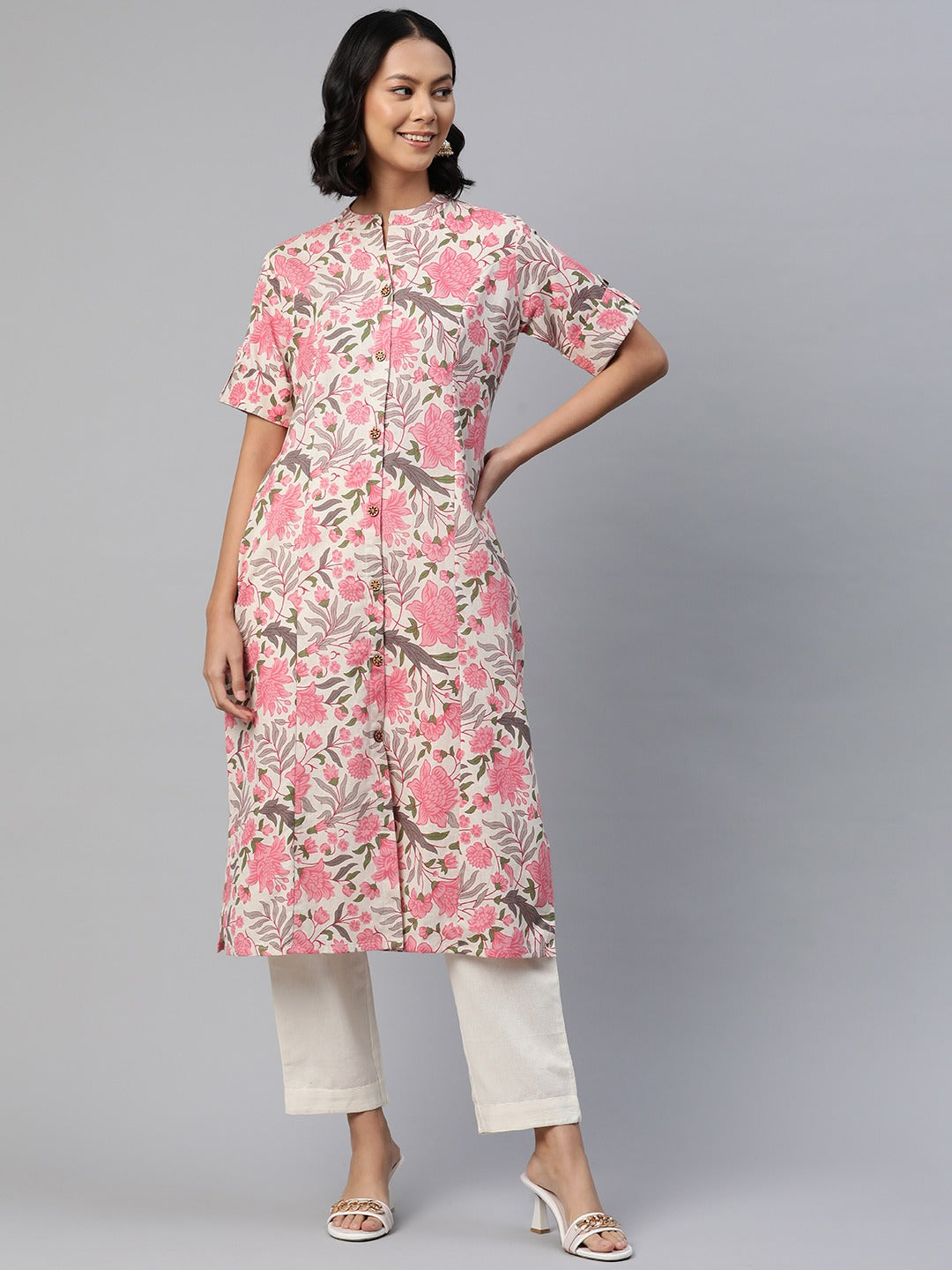 A Line Style Cotton Fabric Pink Color Floral Printed Kurti With Palazzo