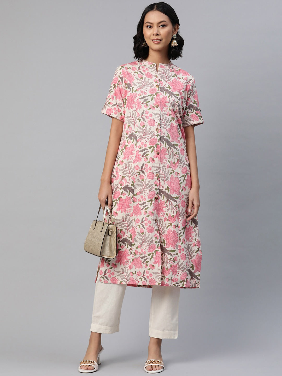 A Line Style Cotton Fabric Pink Color Floral Printed Kurti With Palazzo
