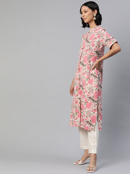 A Line Style Cotton Fabric Pink Color Floral Printed Kurti With Palazzo
