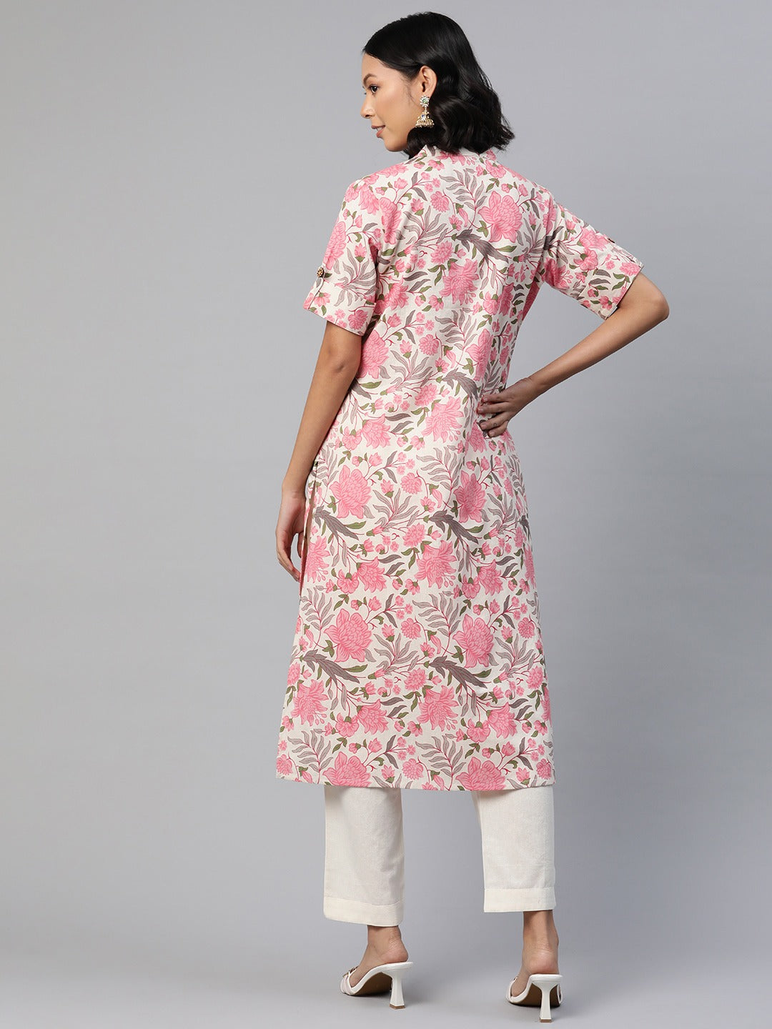 A Line Style Cotton Fabric Pink Color Floral Printed Kurti With Palazzo