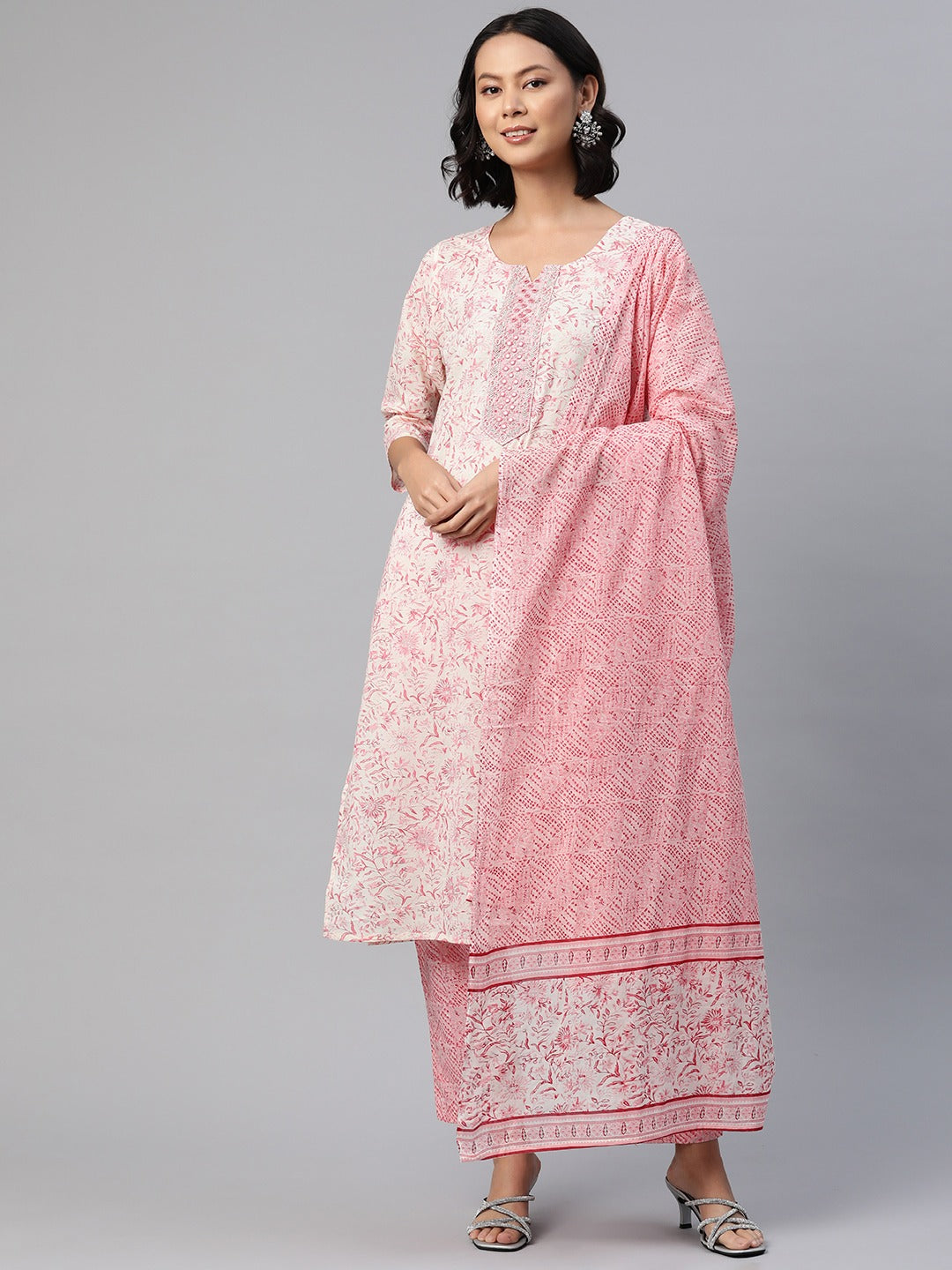 Straight Style Cotton Fabric Pink Color Floral Printed Kurti With Palazzo And Dupatta
