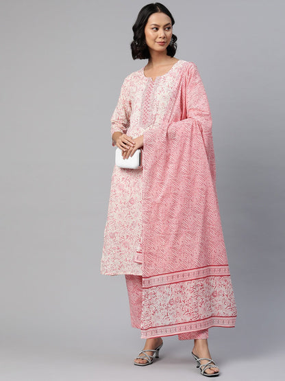Straight Style Cotton Fabric Pink Color Floral Printed Kurti With Palazzo And Dupatta