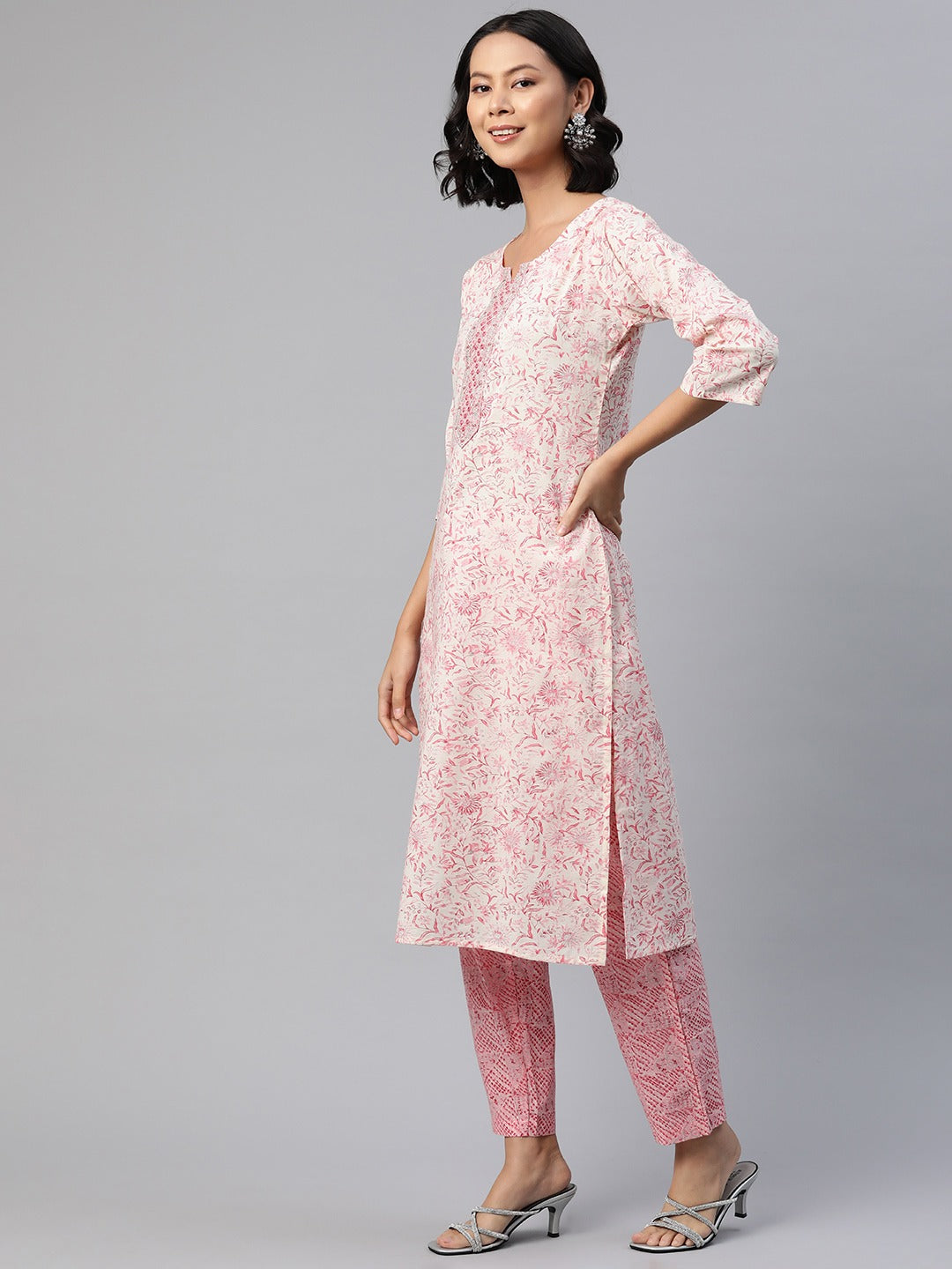 Straight Style Cotton Fabric Pink Color Floral Printed Kurti With Palazzo And Dupatta