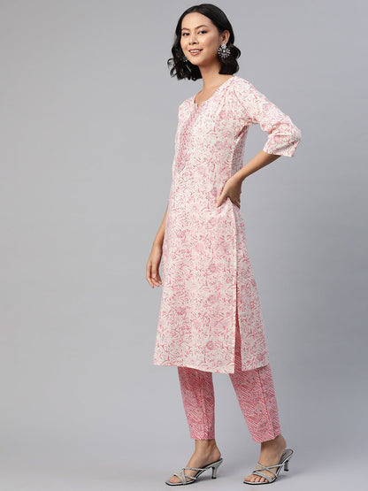 Straight Style Cotton Fabric Pink Color Floral Printed Kurti With Palazzo And Dupatta