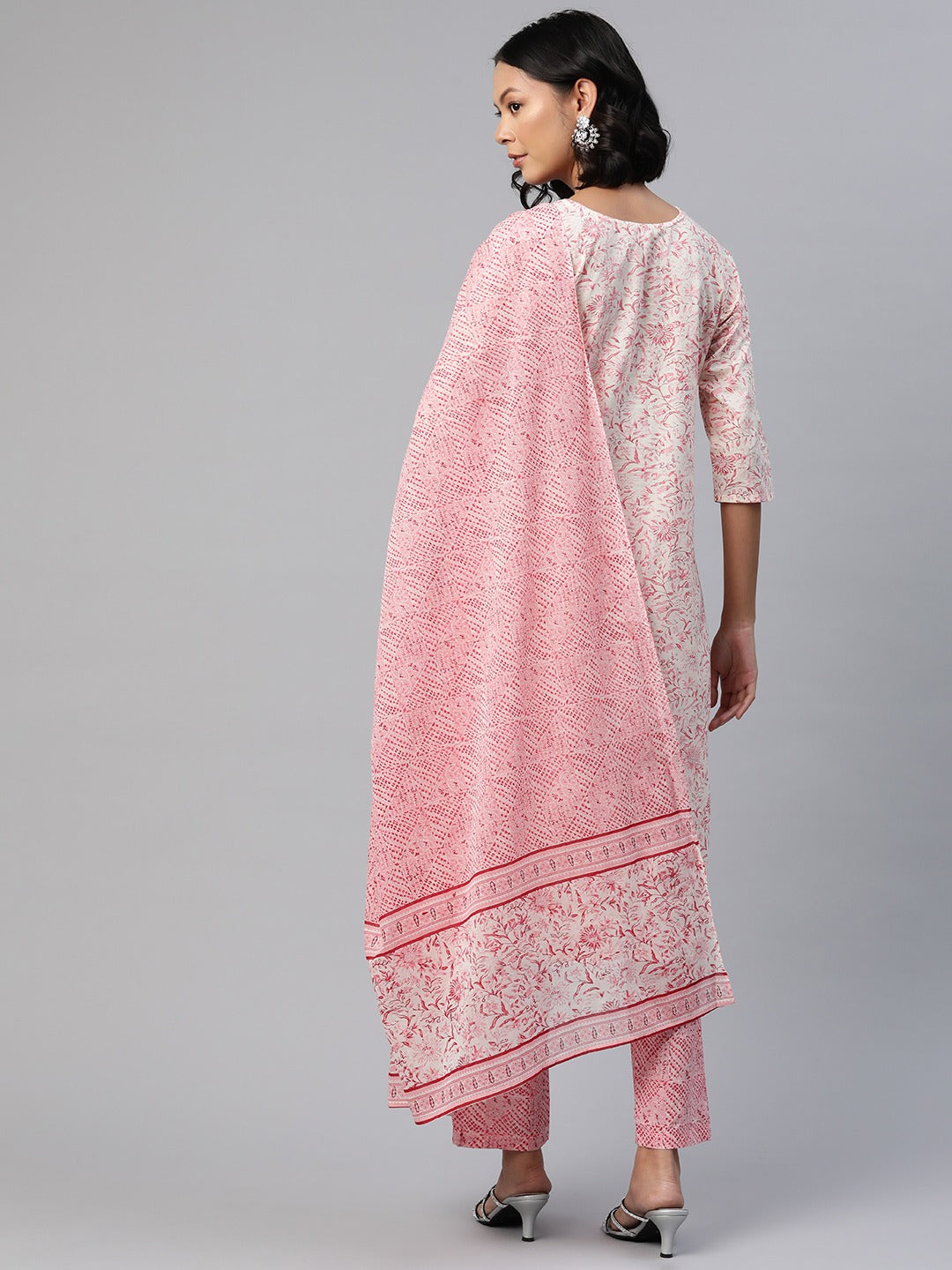 Straight Style Cotton Fabric Pink Color Floral Printed Kurti With Palazzo And Dupatta