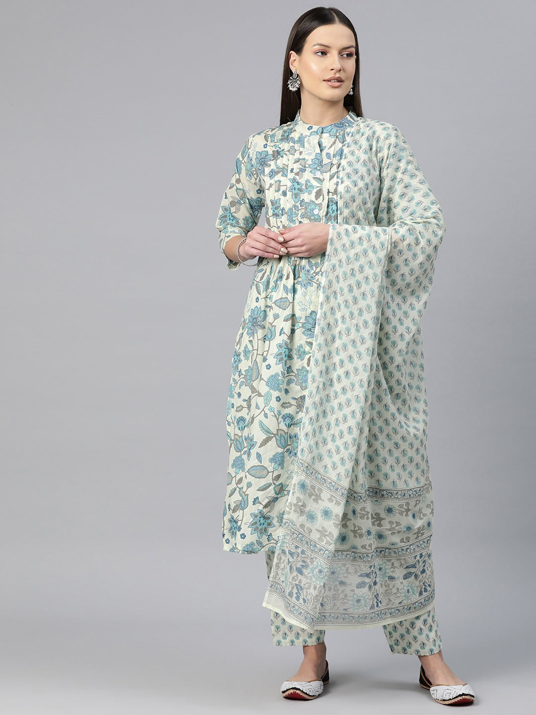 Straight Style Cotton Fabric Blue Color Floral Printed Kurti With Salwar And Dupatta
