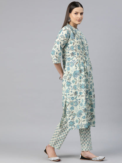 Straight Style Cotton Fabric Blue Color Floral Printed Kurti With Salwar And Dupatta