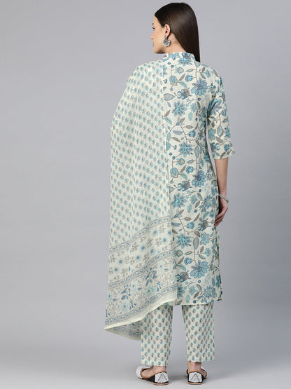 Straight Style Cotton Fabric Blue Color Floral Printed Kurti With Salwar And Dupatta