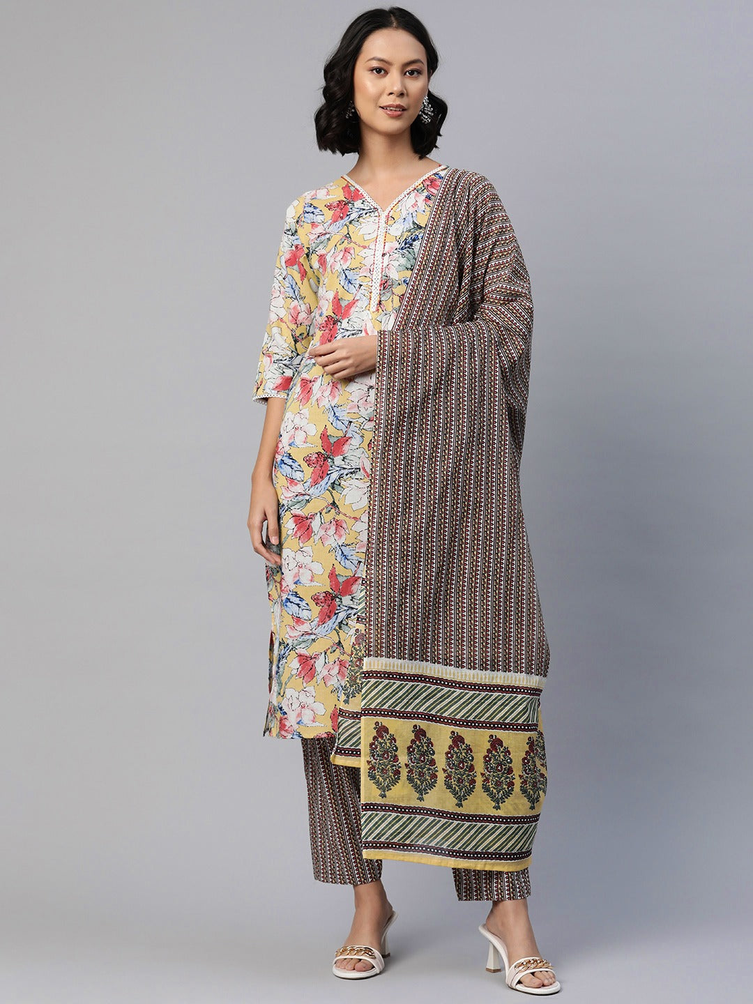 Straight Style Cotton Fabric Yellow Color Floral Printed Kurti With Palazzo And Dupatta