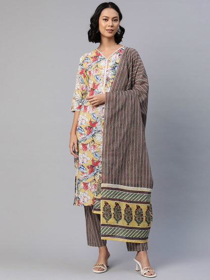 Straight Style Cotton Fabric Yellow Color Floral Printed Kurti With Palazzo And Dupatta