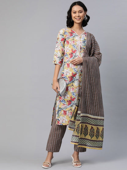 Straight Style Cotton Fabric Yellow Color Floral Printed Kurti With Palazzo And Dupatta